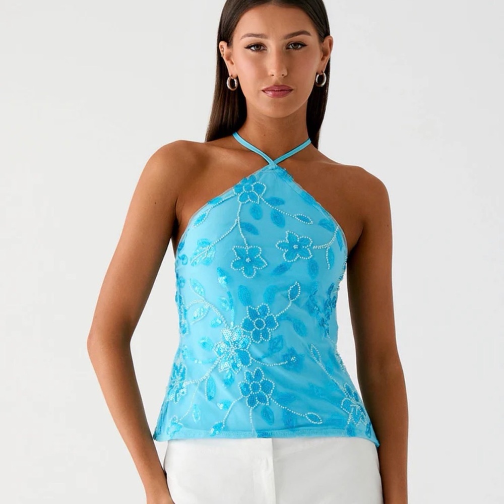 ❌sold❌NWT Peppermayo Elegant Blue Floral Beaded Halter Top Open Back
